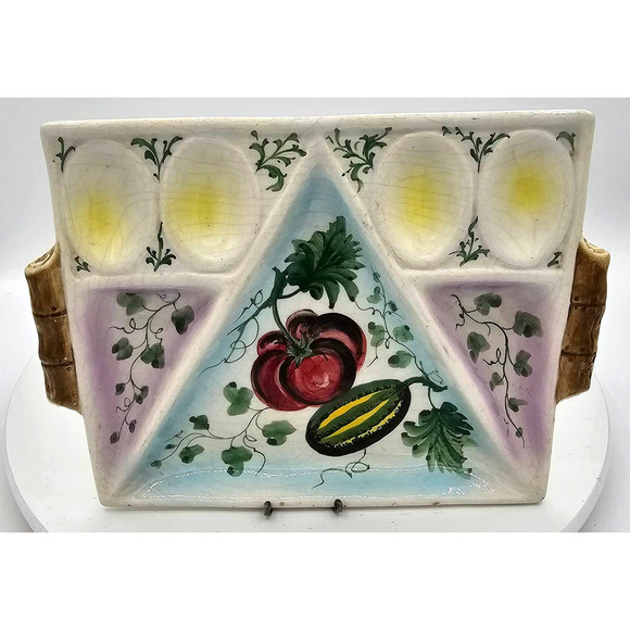 Vintage Hand Painted Italy Vegetable and Egg Crudites Dish D'Oeuvres Platter - Picture 7 of 7